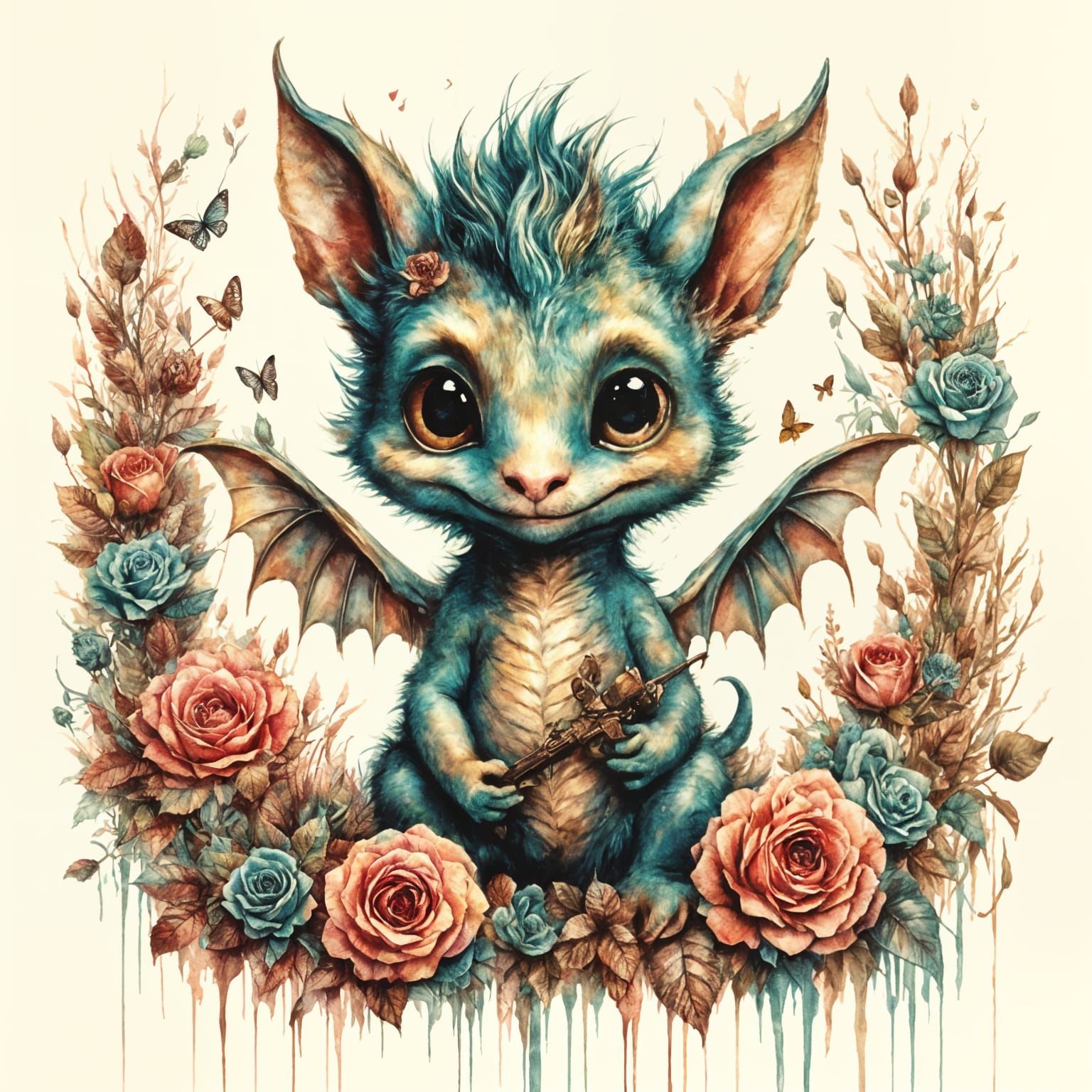 Adorable Dragon with Roses in Watercolor Style