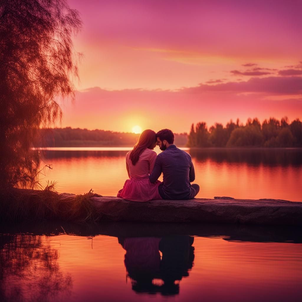 Romantic Couple's Lakeside Sunset Embrace in Cinematic Style