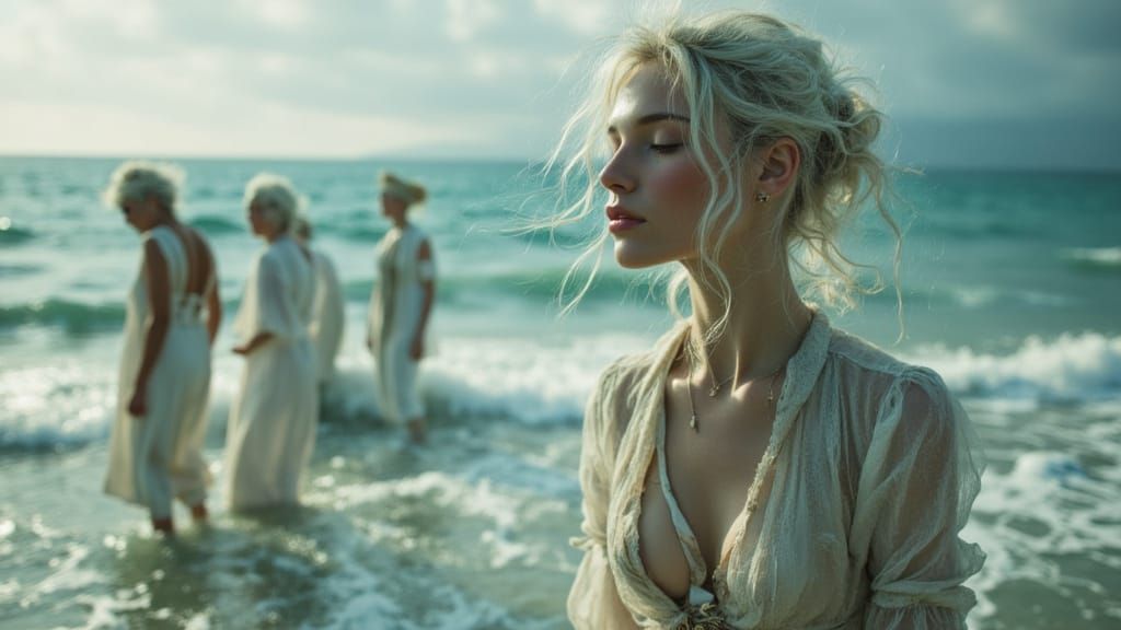 Pale Figures Emerge From Shoreline in Concept Art Style