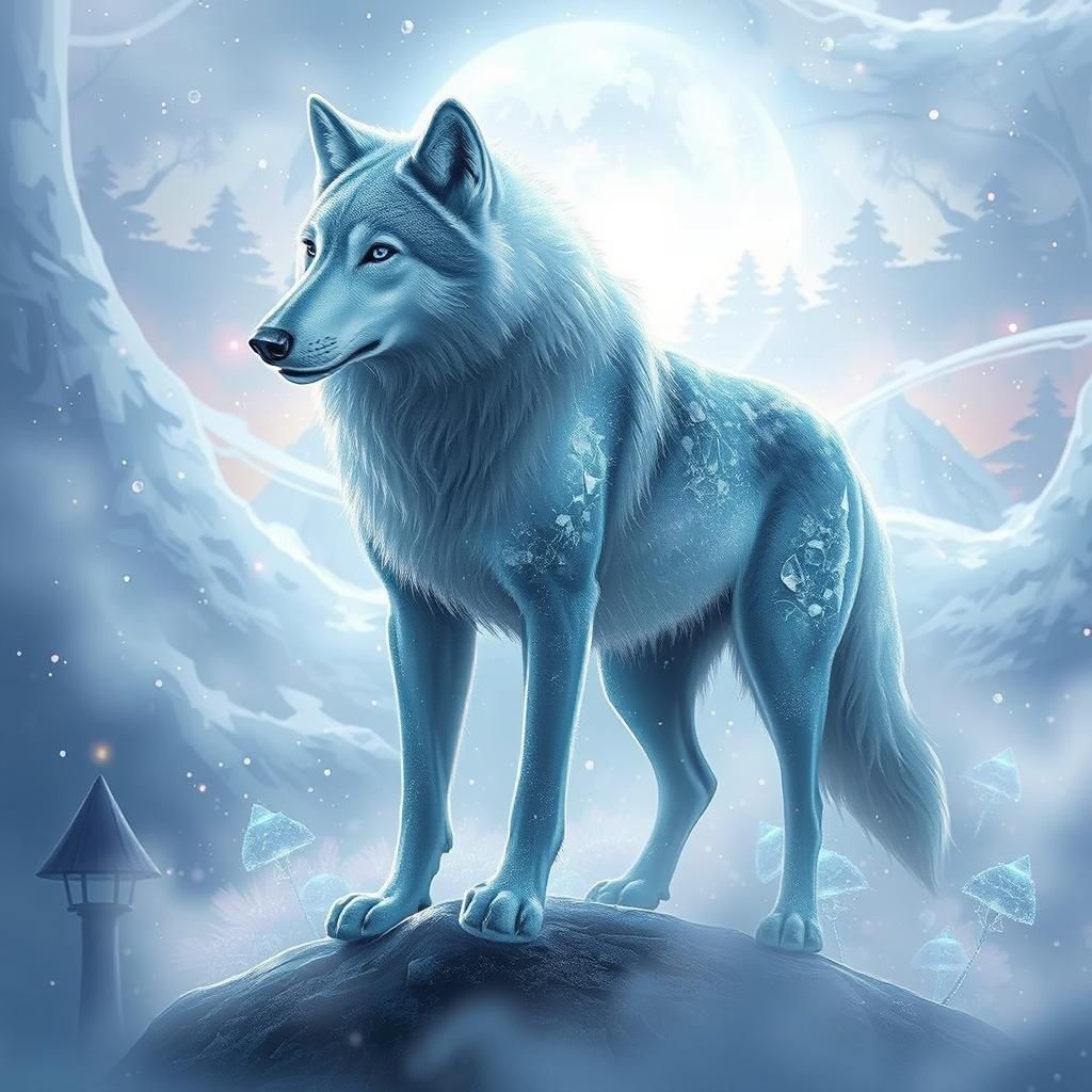 Majestic Ice Wolf in Mystical Forest
