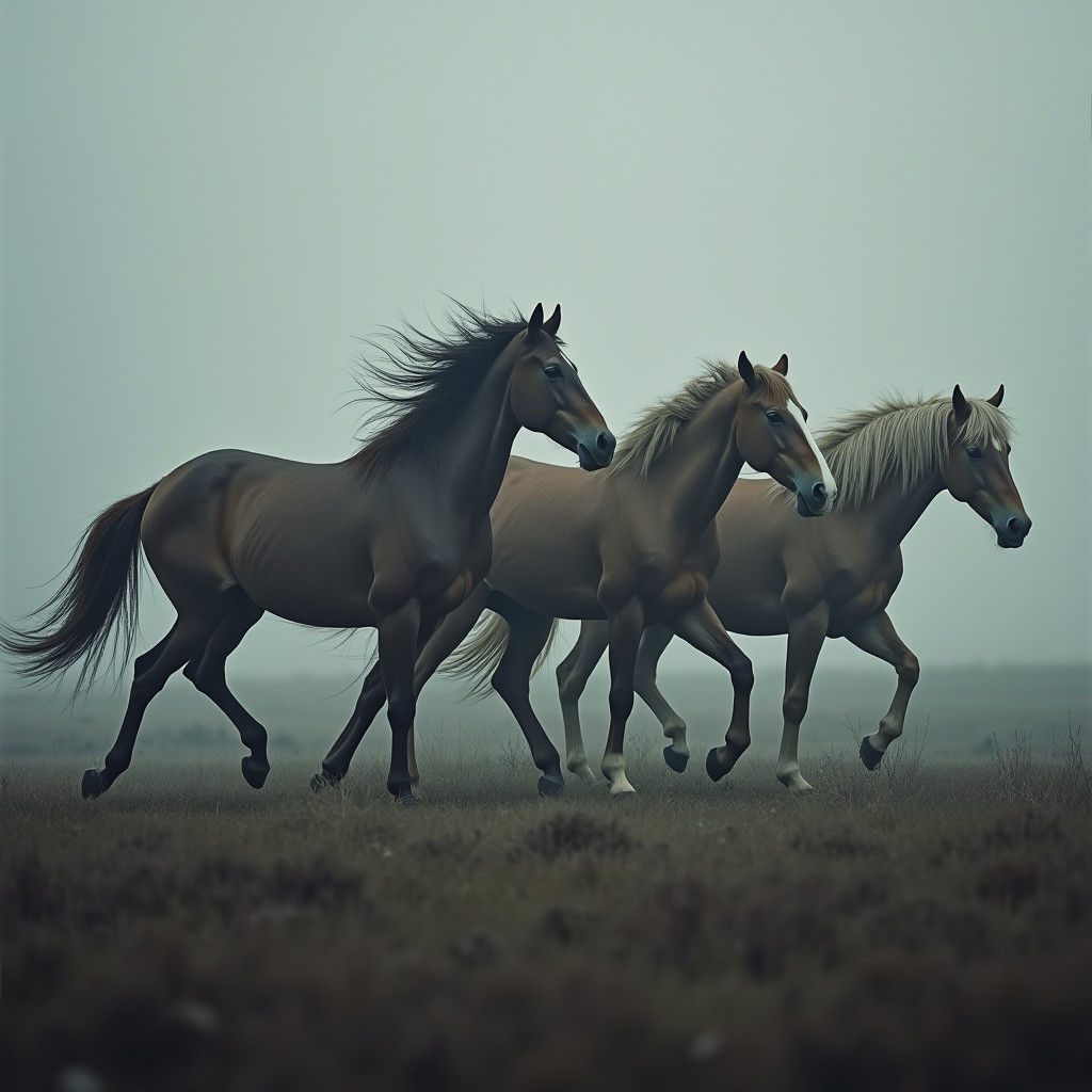 Majestic Wild Horses in Misty Landscape, Hyperrealistic HDR