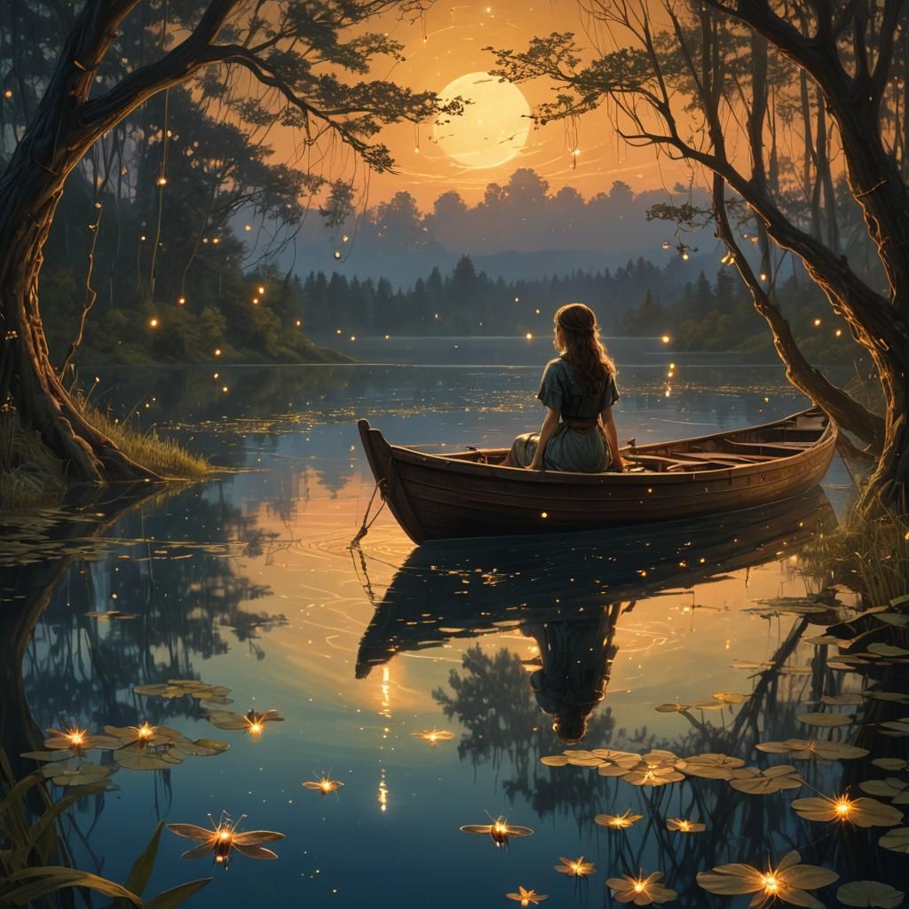Girl on Glowing Boat at Sunset: Fantasy Concept Art