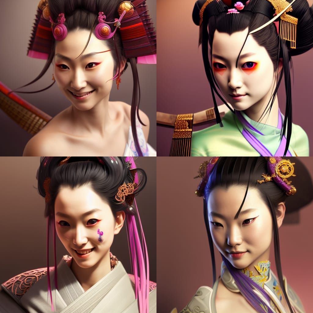 Smiling Silkpunk Samurai Princess Portrait in 8K