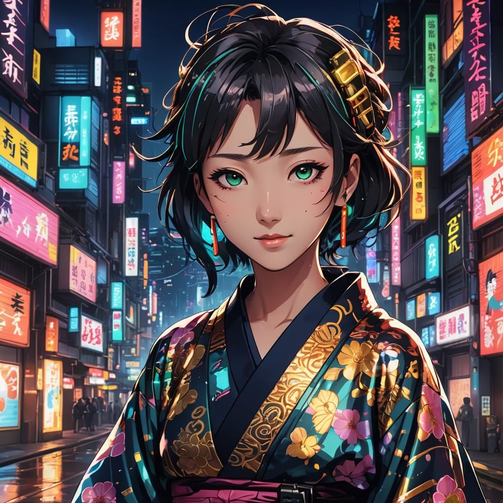 Cyberpunk Kimono Anime Portrait with Neon Lights