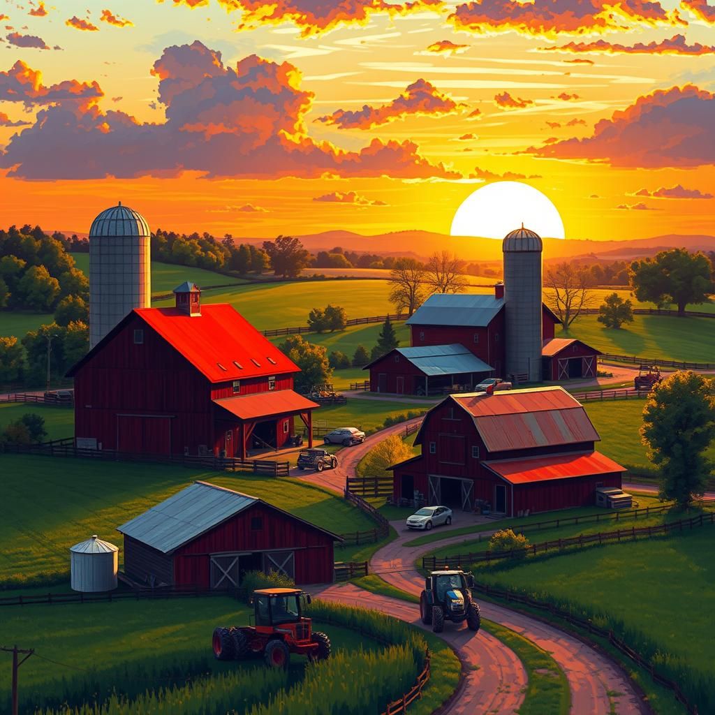 Vibrant Farmscape at Sunset in Pixel Art Style