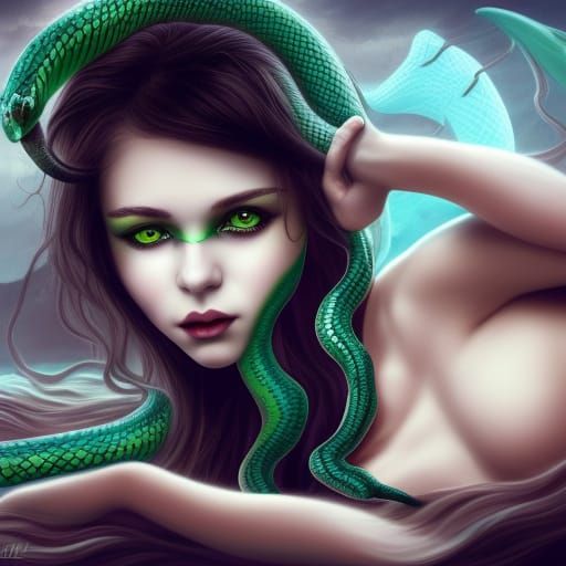 Fantasy Snake Girl with Raven Hair, Detailed Matte Painting