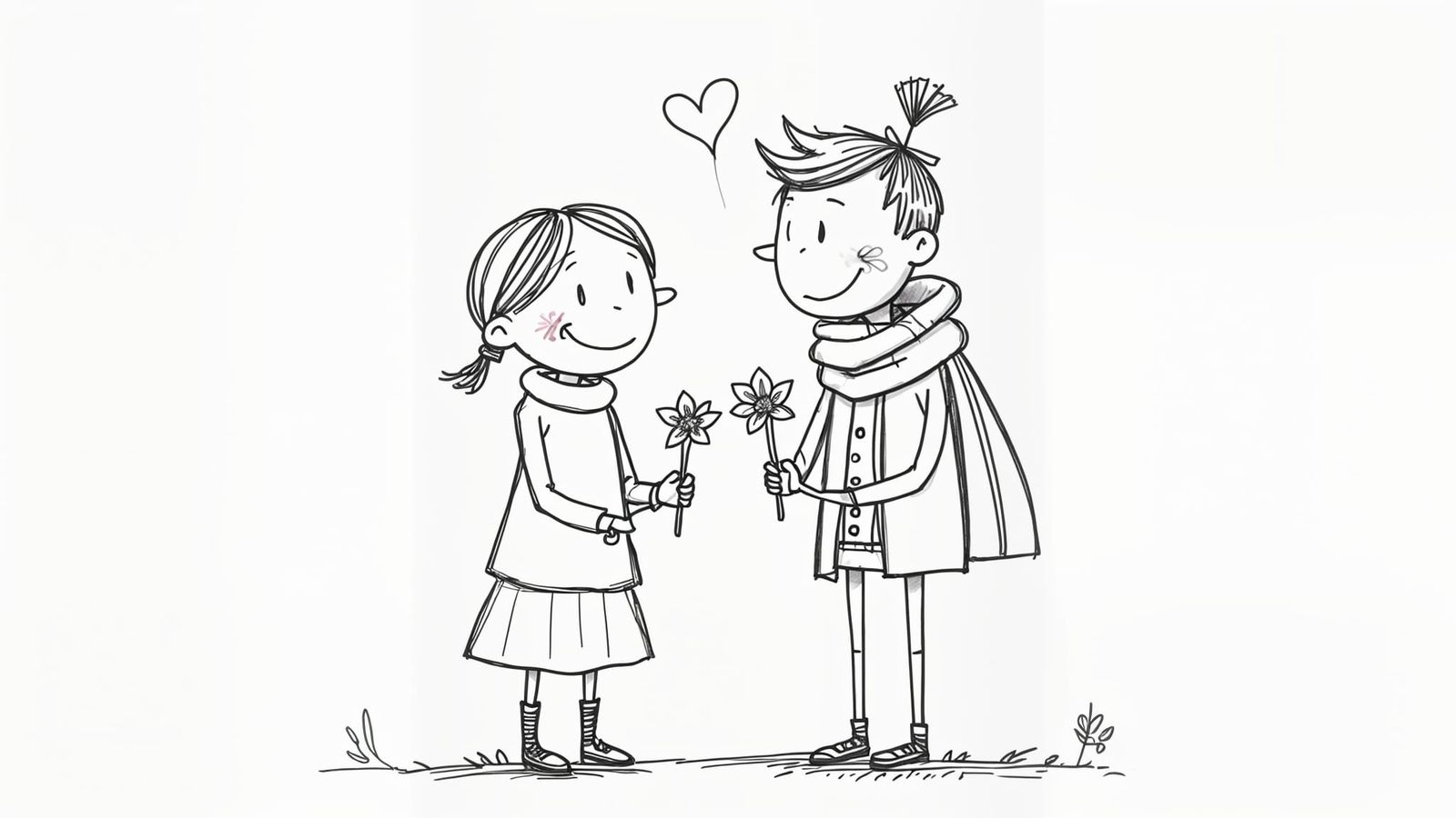 Charming Doodle Sketch: Stick Figures Exchanging Flowers