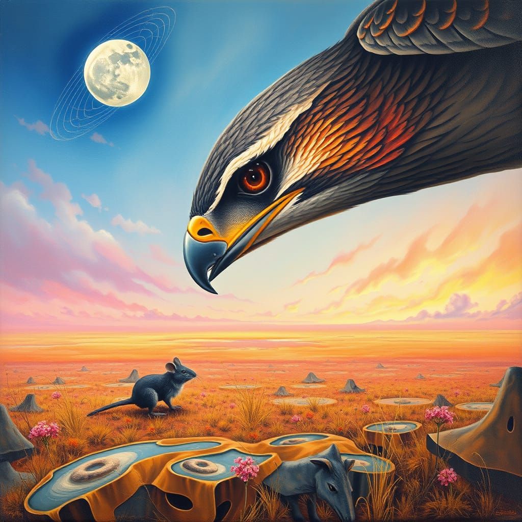 Raptor Hunting in Surreal Dreamscape, Oil on Canvas