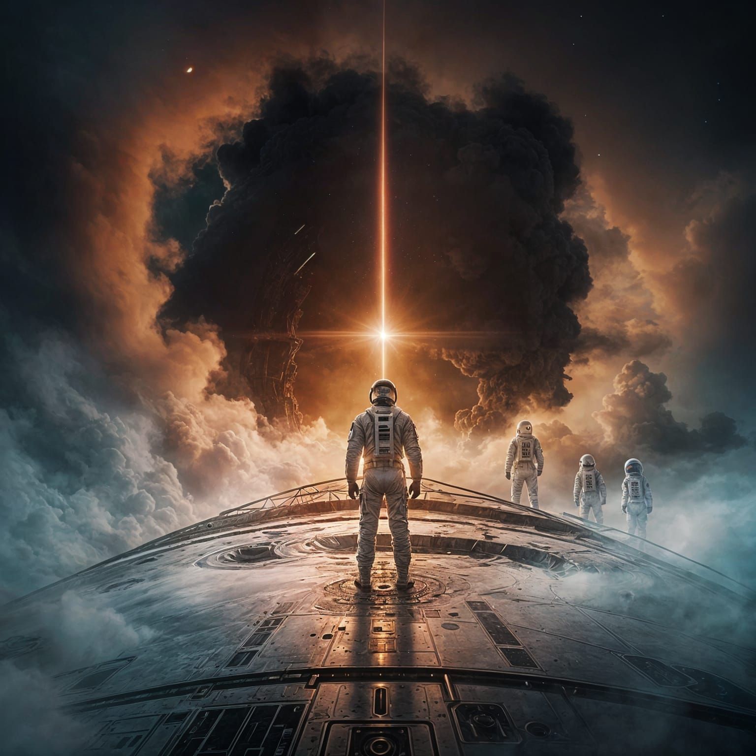 Astronaut and Ghostly Crew in Ethereal Spaceship Fog