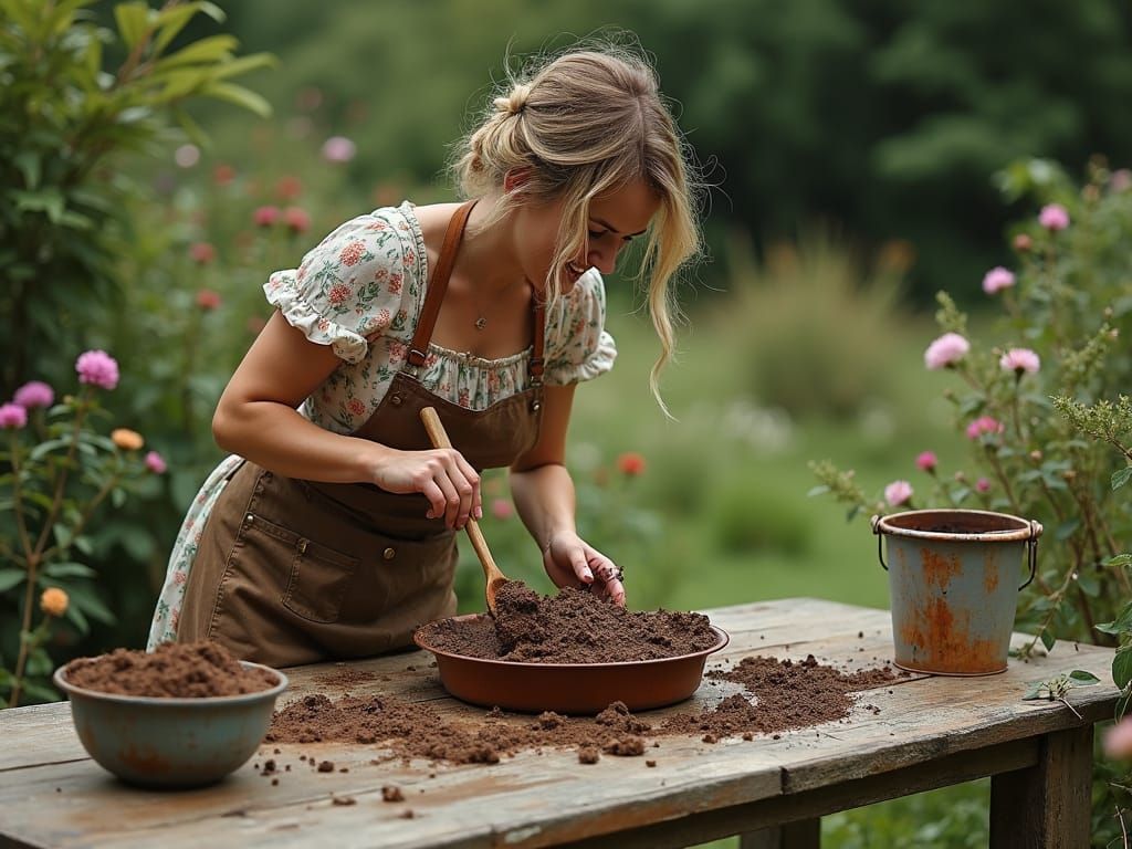Woman Making Mud Pie in Whimsical Garden