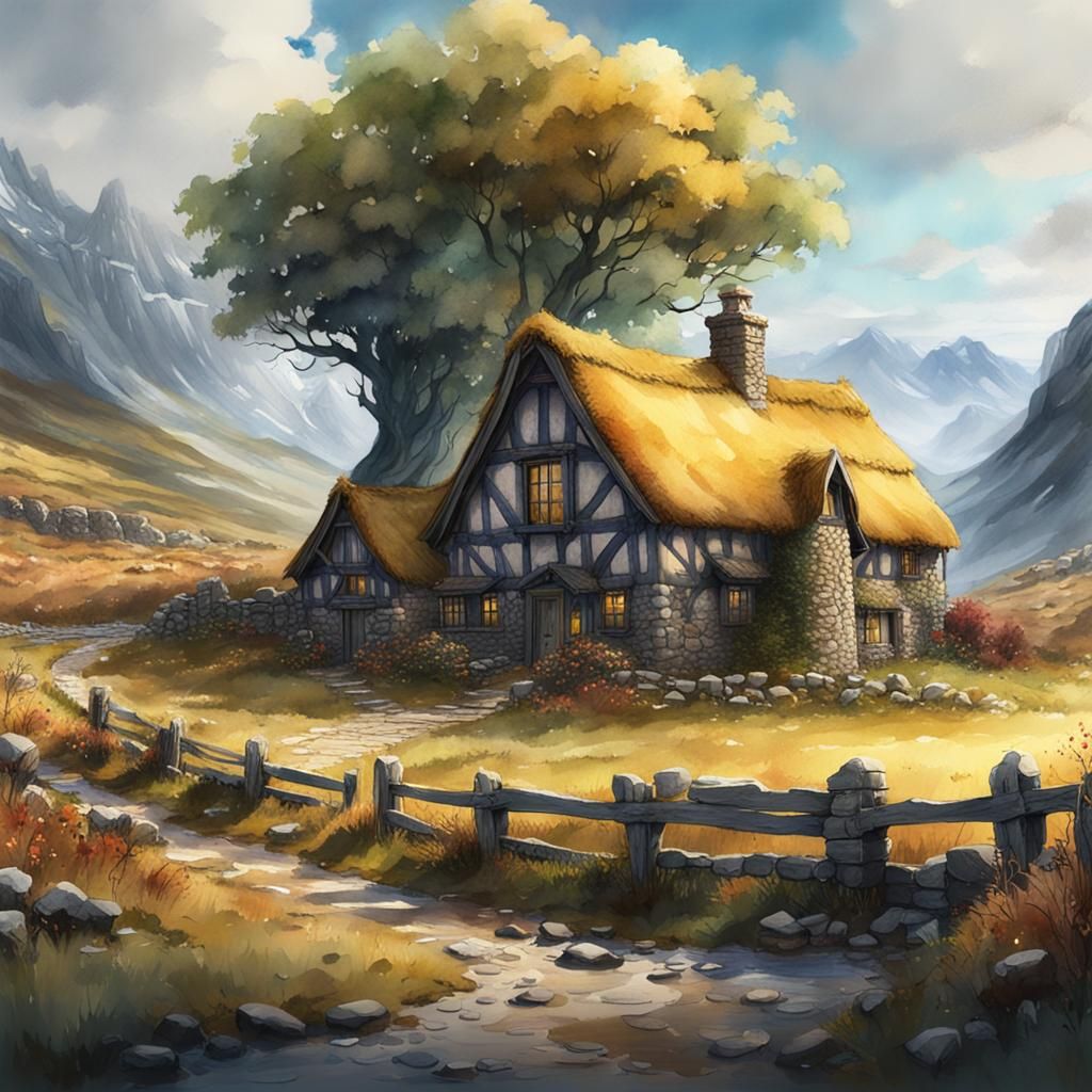 Scottish Croft in Loose Watercolor Style