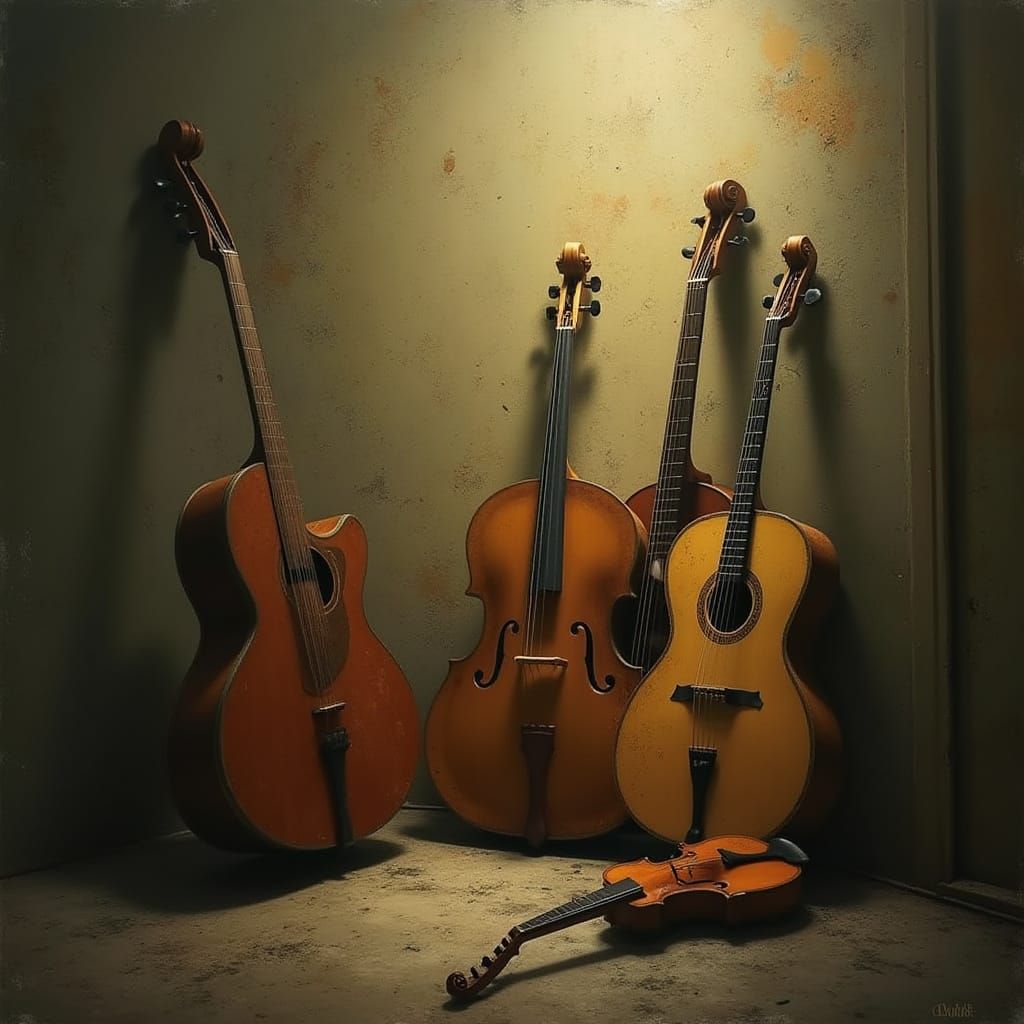 Dreamy Musical Instruments in Dimly Lit Digital Art