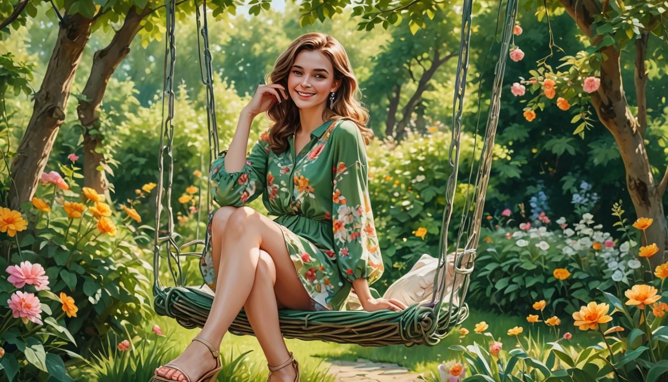 Beautiful Woman on Flower Swing in Acrylic Art Style