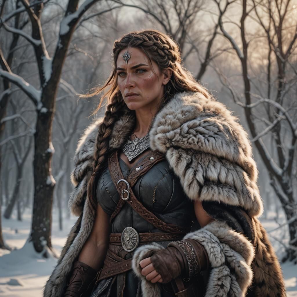 Barbarian Queen in Winter Landscape: Hyperrealistic Portrait
