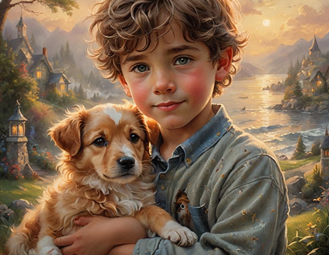 Boy and Dog in Ethereal Oil Painting