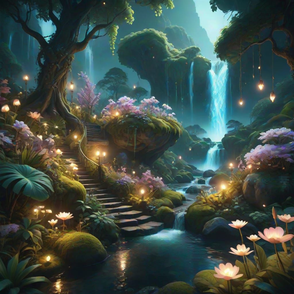Magical Glowing Garden at Night with Pixies