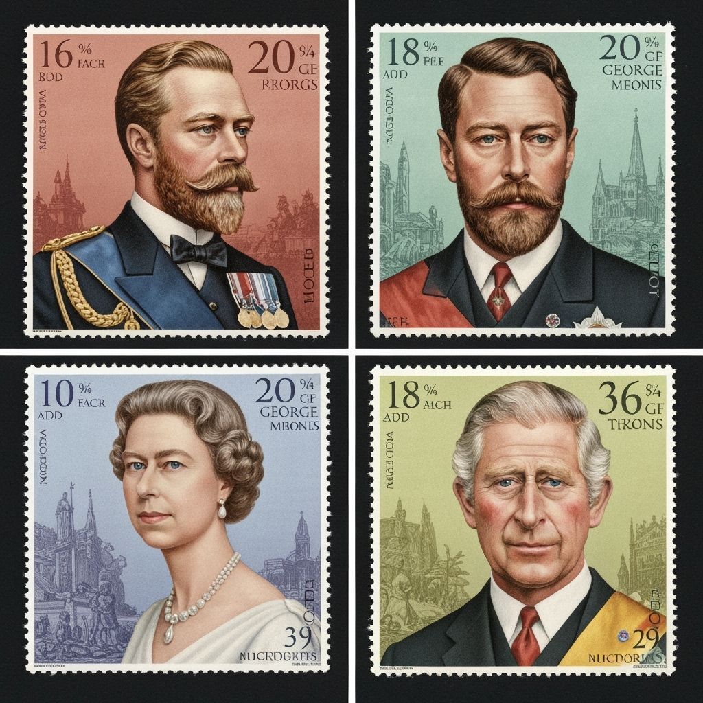 A set of 4  postage stamps showing - one each - George V, Ge...