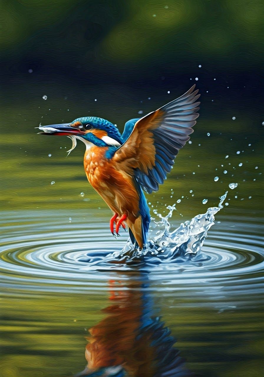 Vibrant Kingfisher in Mid-Dive, Silver Fish, Impasto Gouache...