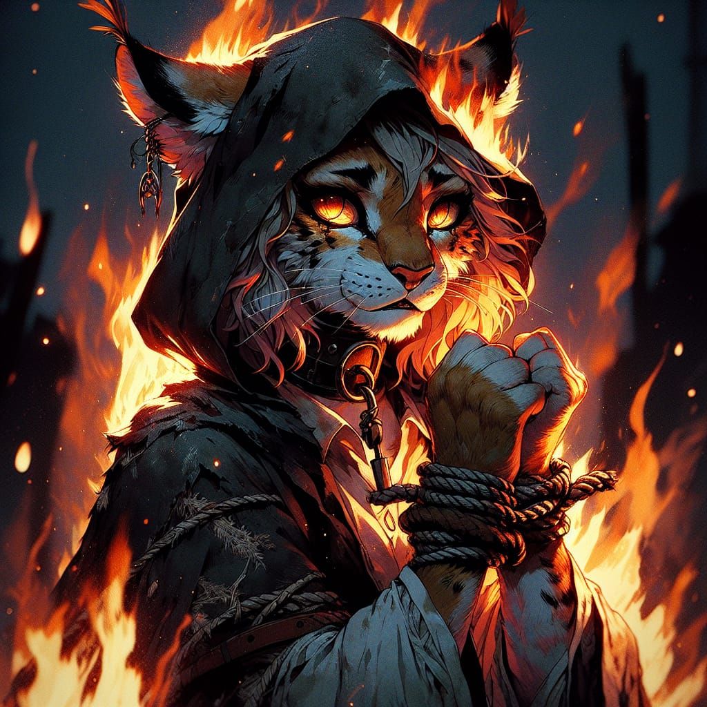 Anime Lynx Witch Burns in Dark Fantasy Fire