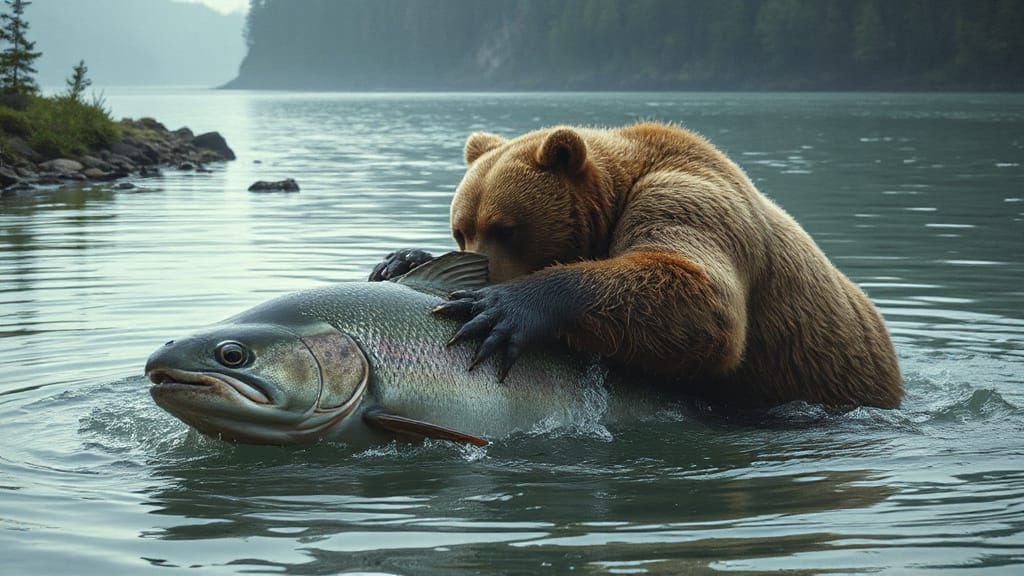 Bear Wrestles Giant Fish in River