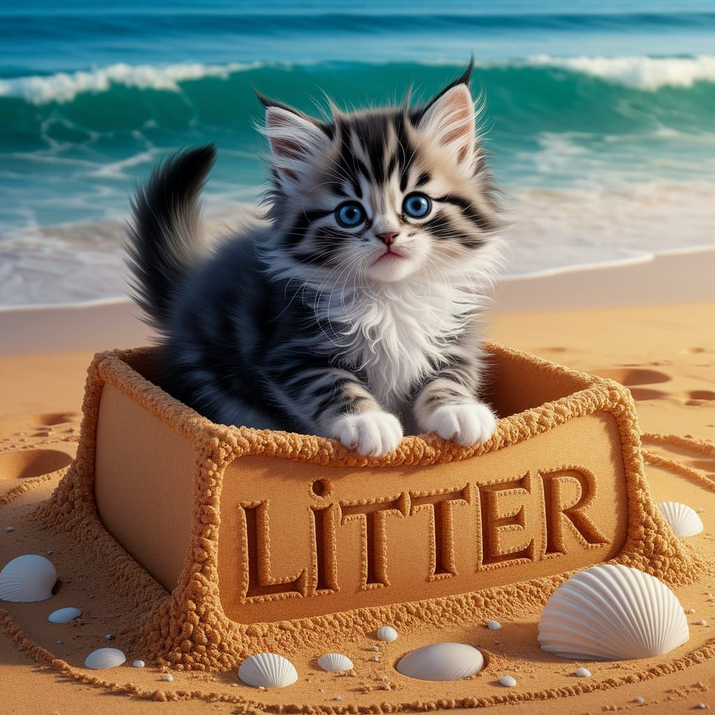 Fluffy Kitten in Sand Litter Box, Splash Art Style