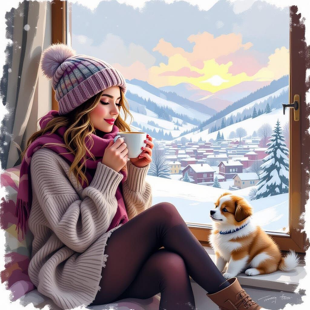 Young Woman Enjoys Tea in Expressive Watercolor Style