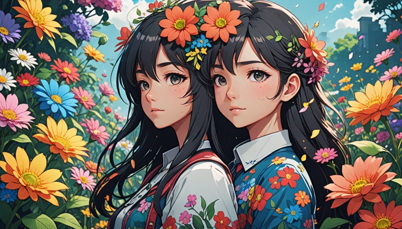 Anime-Inspired Masterpiece with Vibrant Floral Details