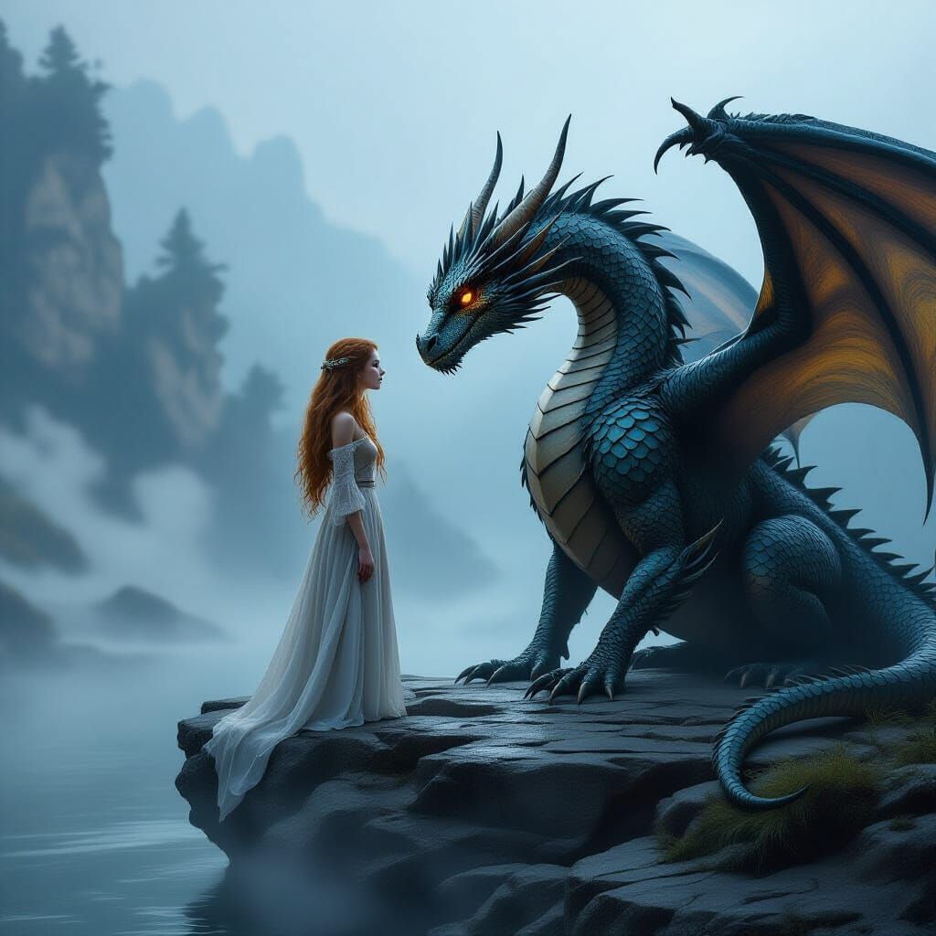 Woman and Dragon Serene Misty Night Encounter