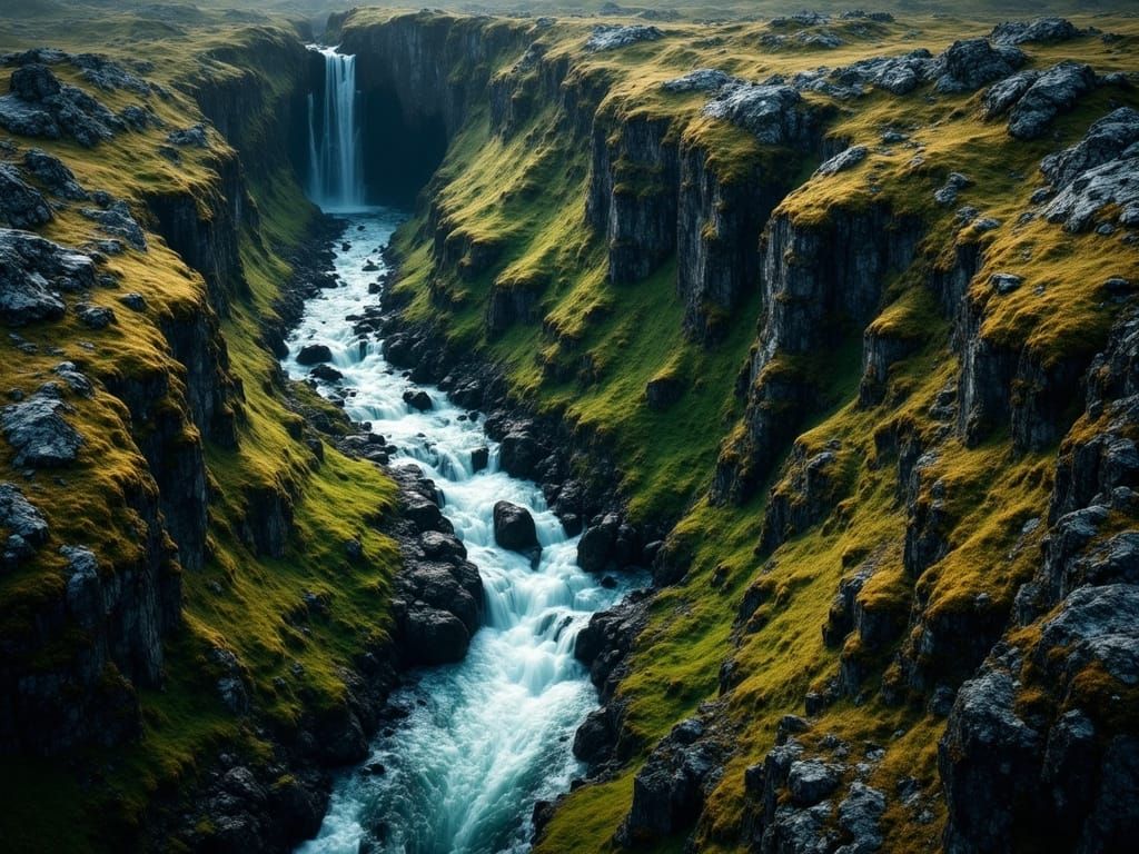 Aerial View of Mossy Volcanic River Landscape