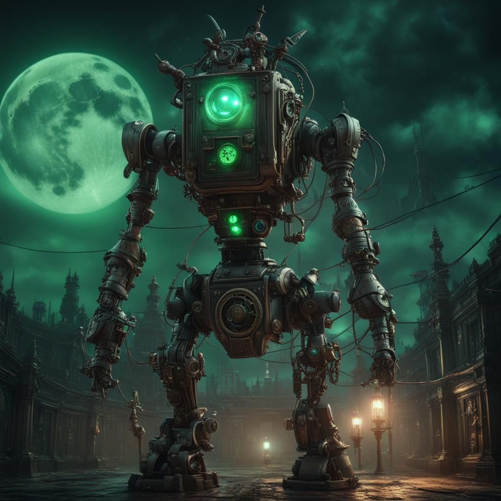 Steampunk Robot Under Blood Moon in Bloodborne Style