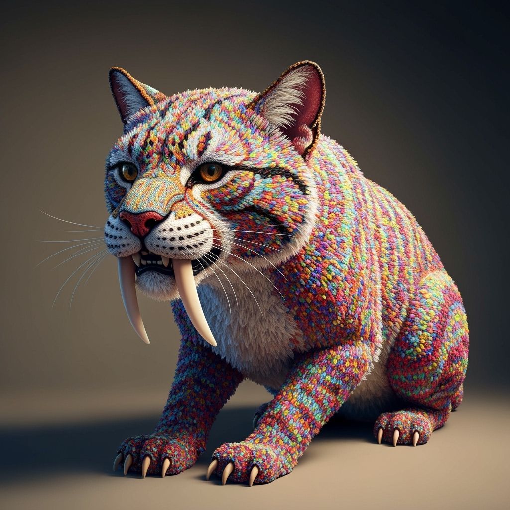 Beaded Sabretooth Cat in Pop Surrealist Style