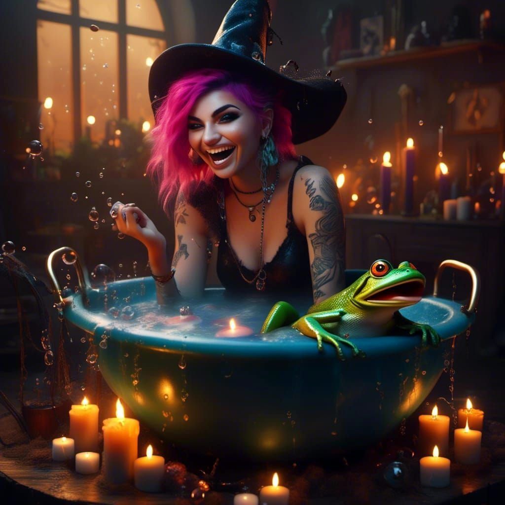Punk Witch and Bathing Frog in Digital Art