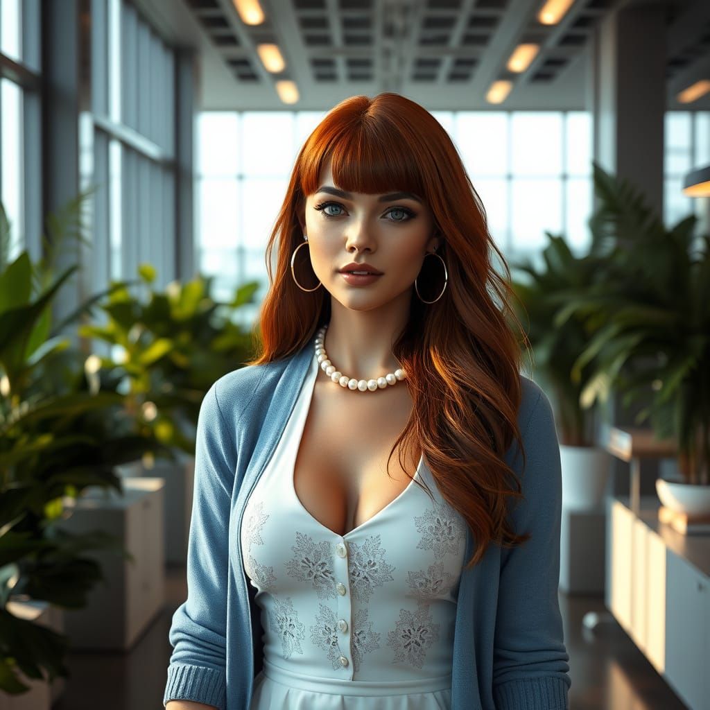 Elegant Woman in White Halter Dress, Rich Red Hair, Pearls, ...