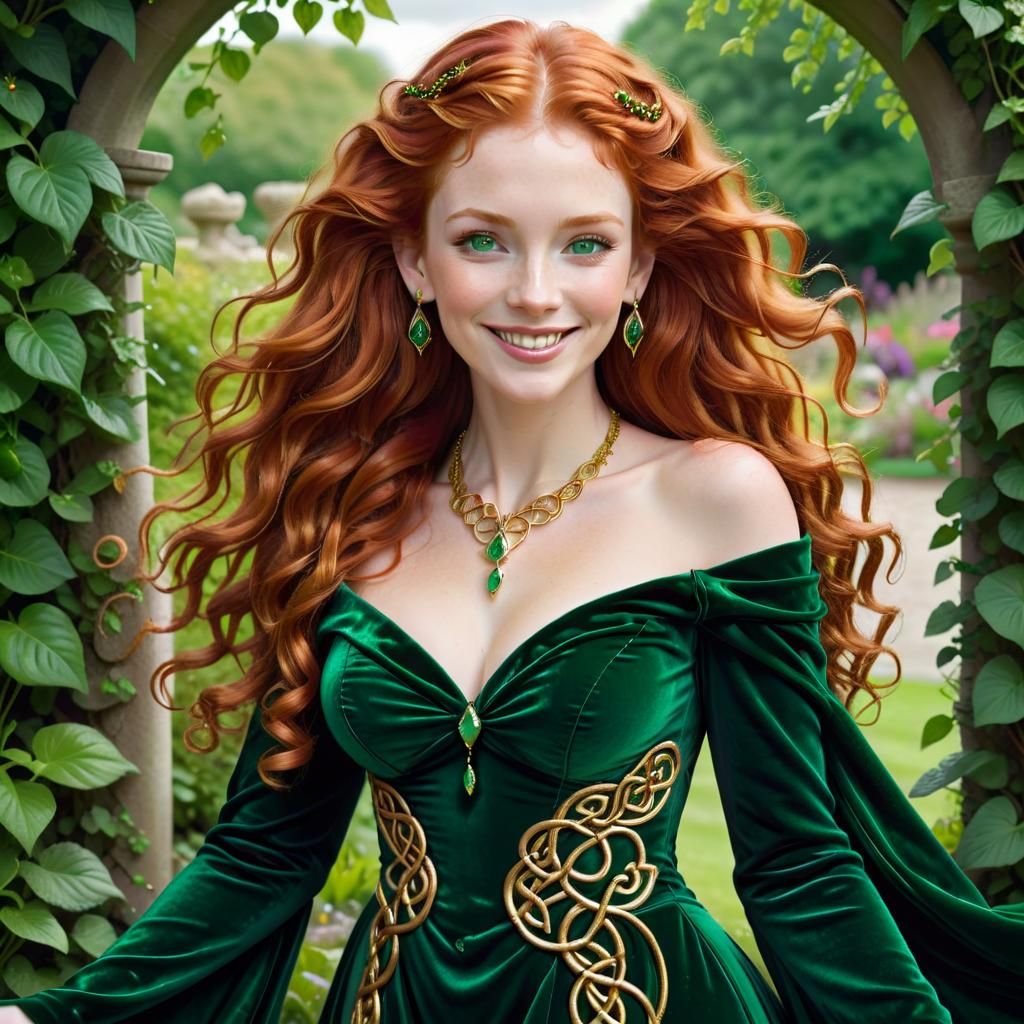 Red-Haired Woman in Green Gown in Magical Garden