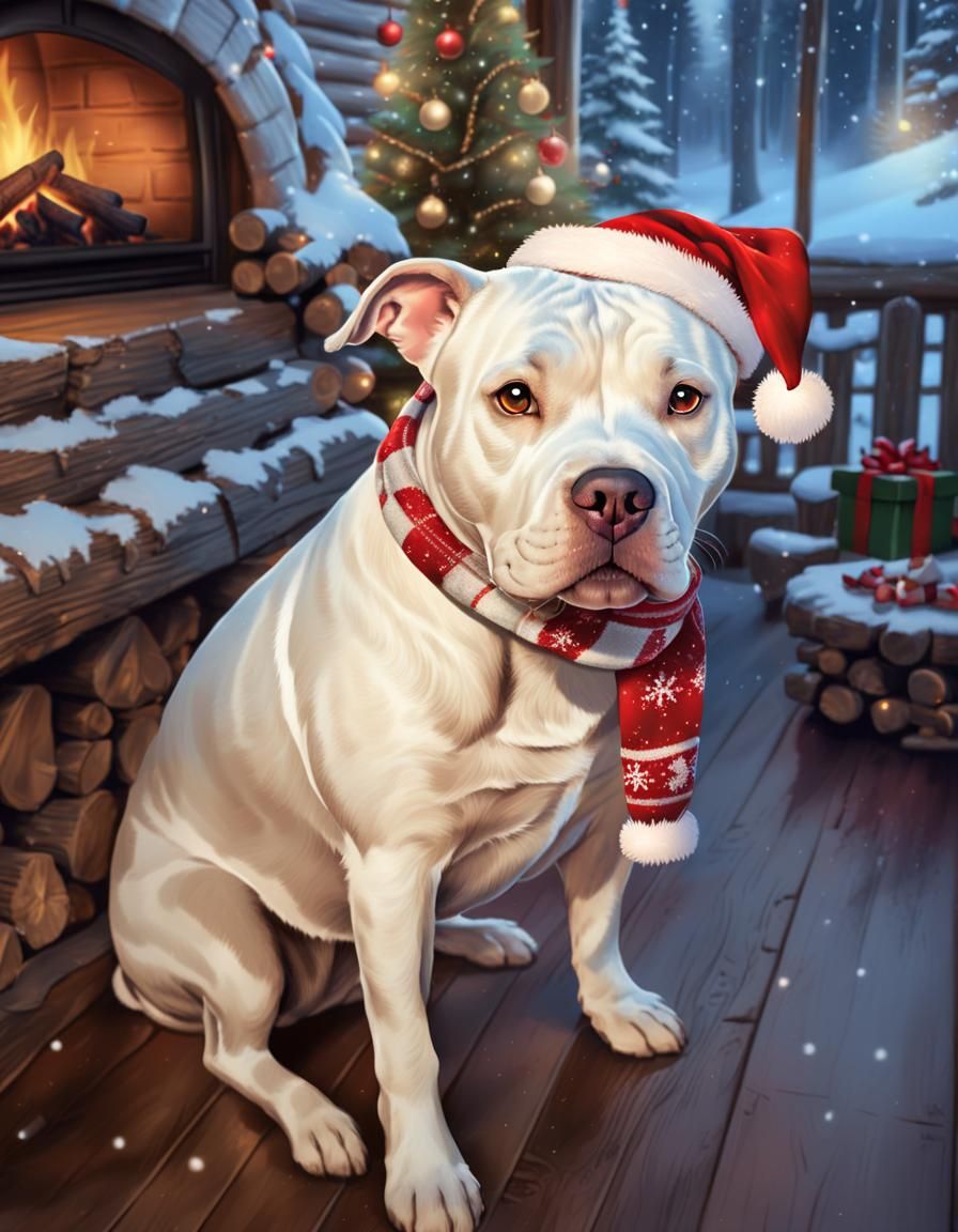 Festive White Pitbull in Cozy Christmas Cabin