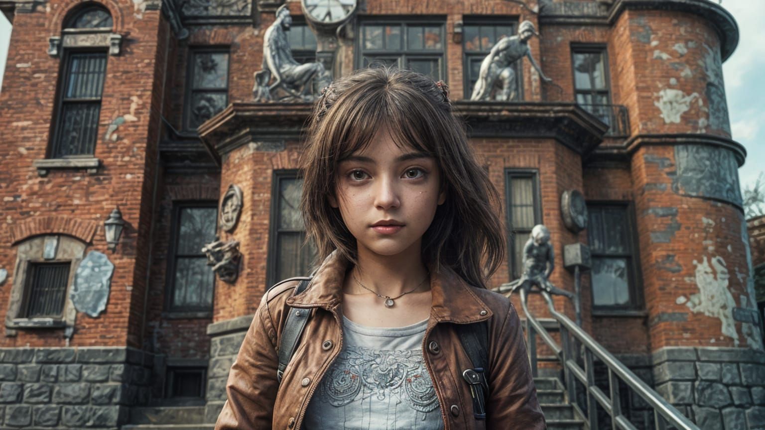 Surreal Girl Contemplates Abandoned Mansion in Expressionist...