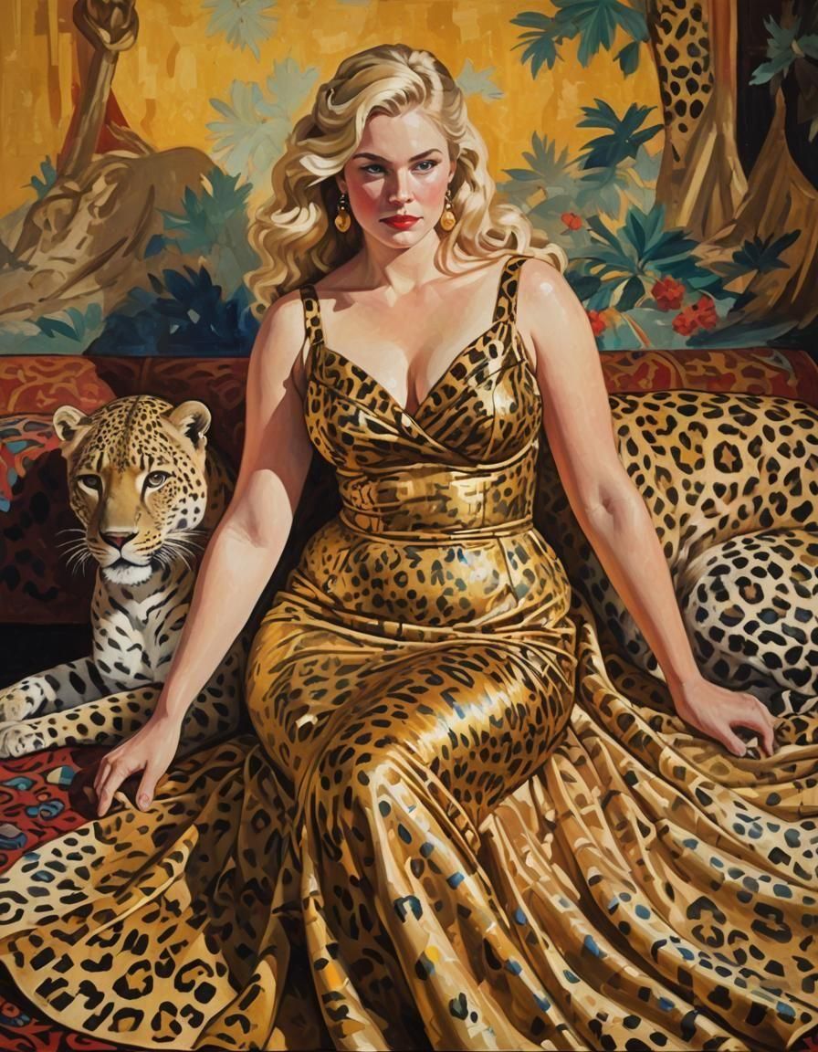 Curvy Blonde Venus in Gold Dress, Oil Painting