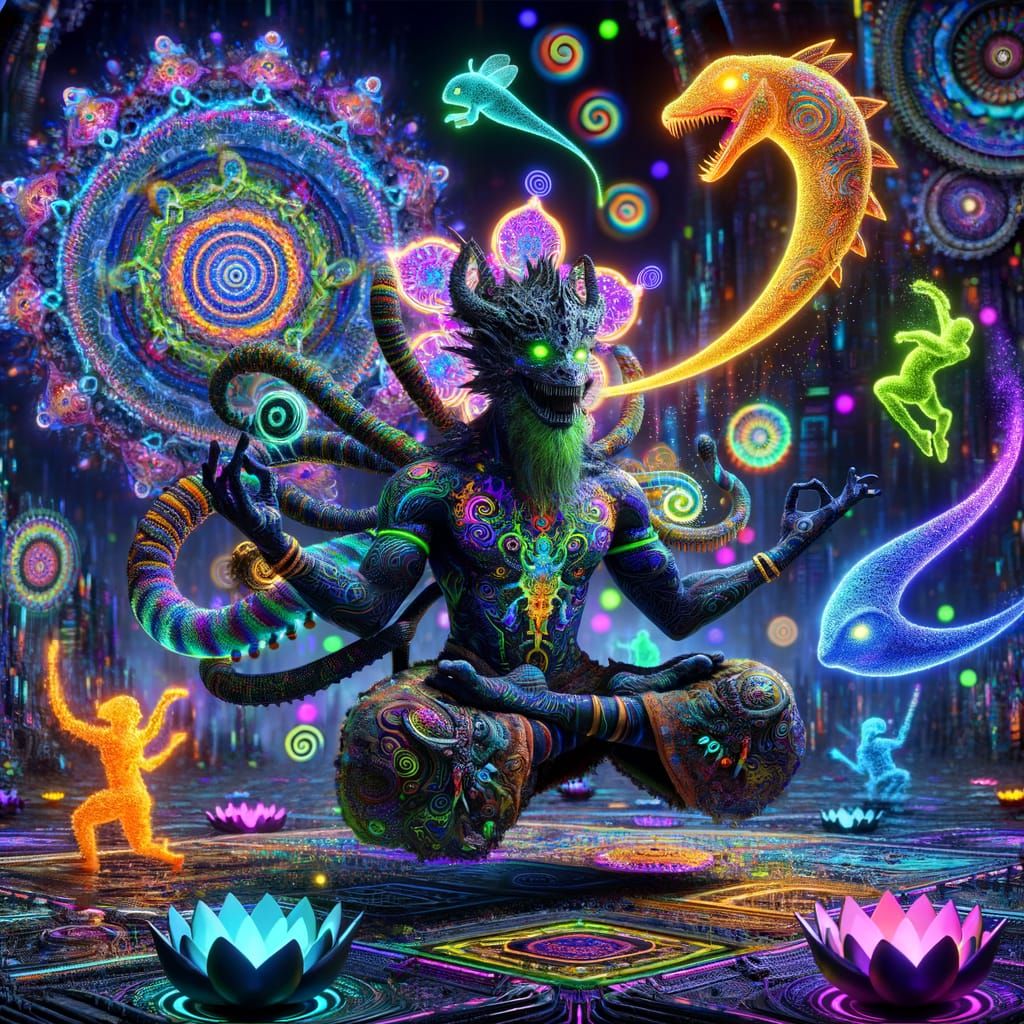 Psychedelic Ganesh Figure with Neon Tattoos and Hybrids