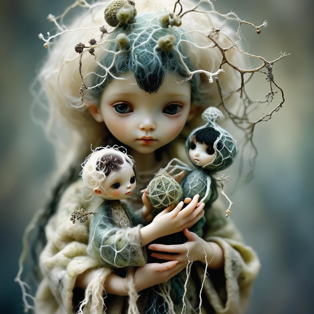 Surreal Child with Wiccan Doll in Dreamlike Hues