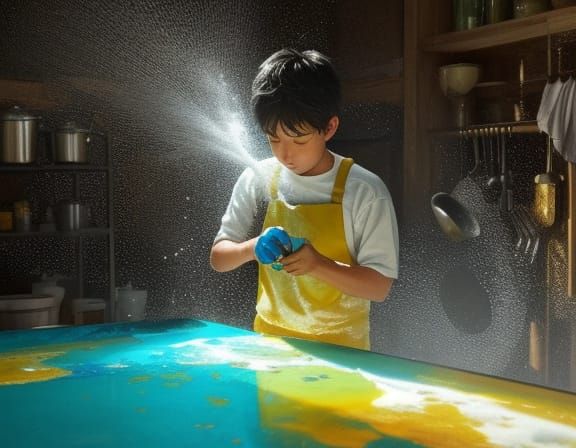 Surreal Kitchen Cleaning with Shimmering Bubbles