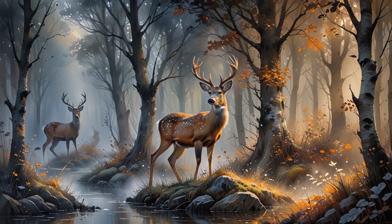 Ethereal Deer in Misty Birch Wood Watercolour