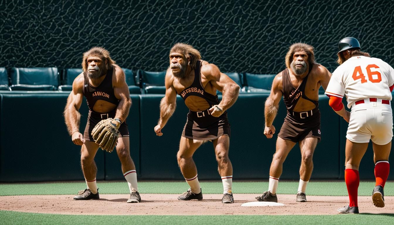 Neanderthals Playing Baseball on a Baseball Diamond