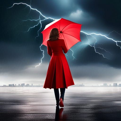 Woman with Red Umbrella in Photorealistic Thunderstorm