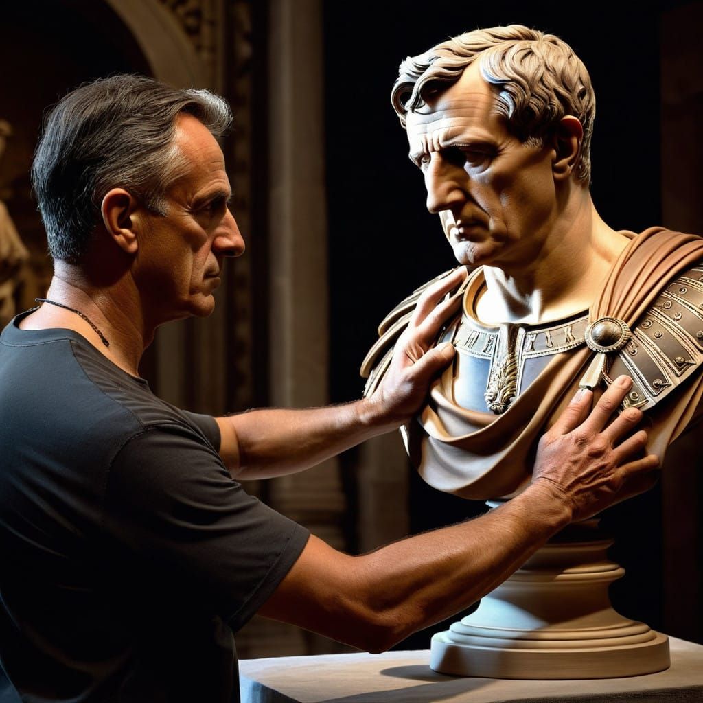 Sculptor Shapes Clay Julius Caesar in Ornate Studio