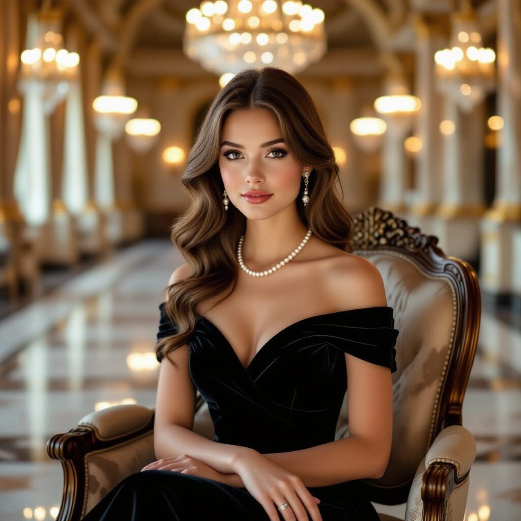 Elegant Woman in Velvet Dress, Alphonse Mucha Style