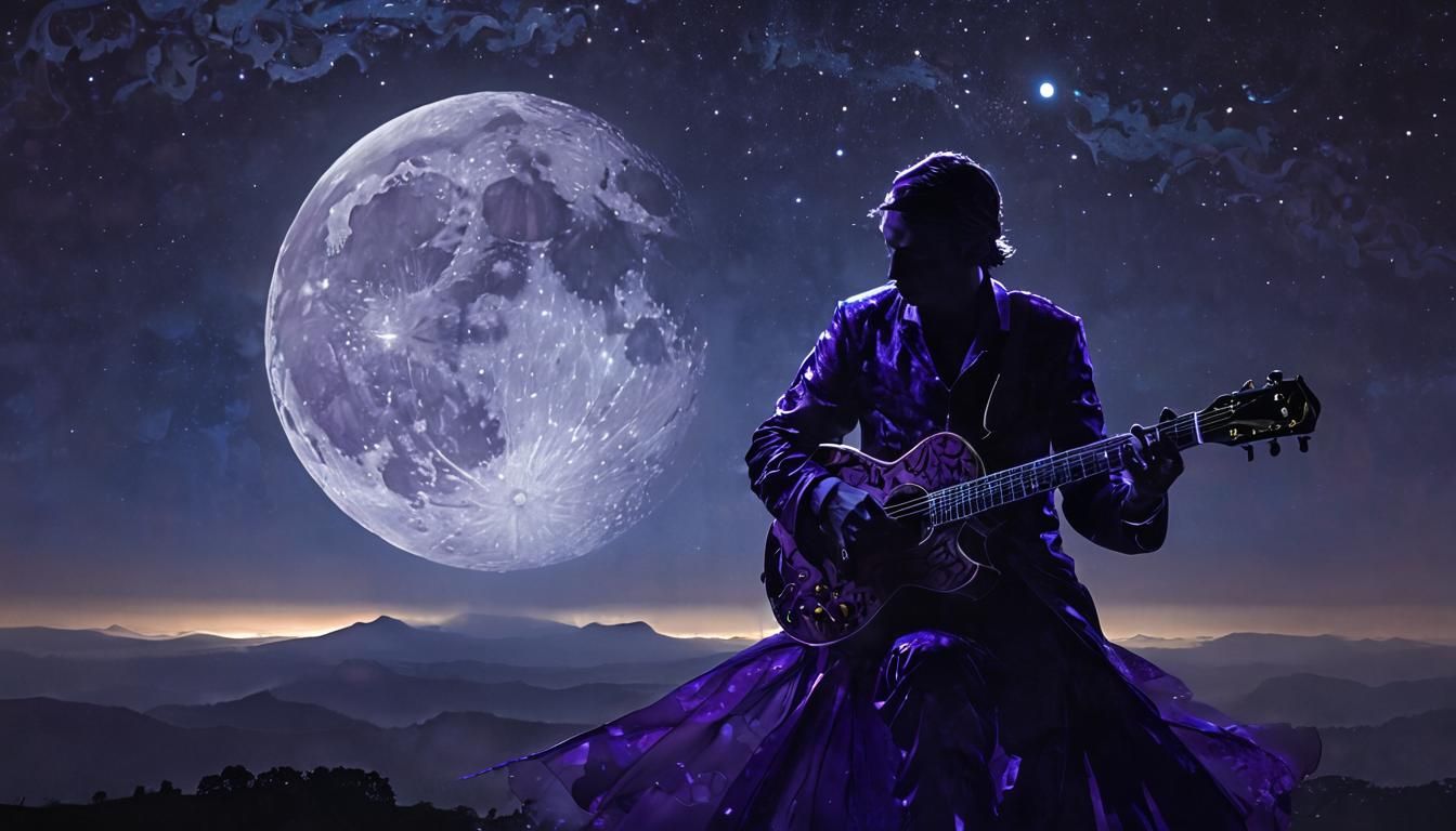Guitarist Silhouetted at Midnight with Rising Moon