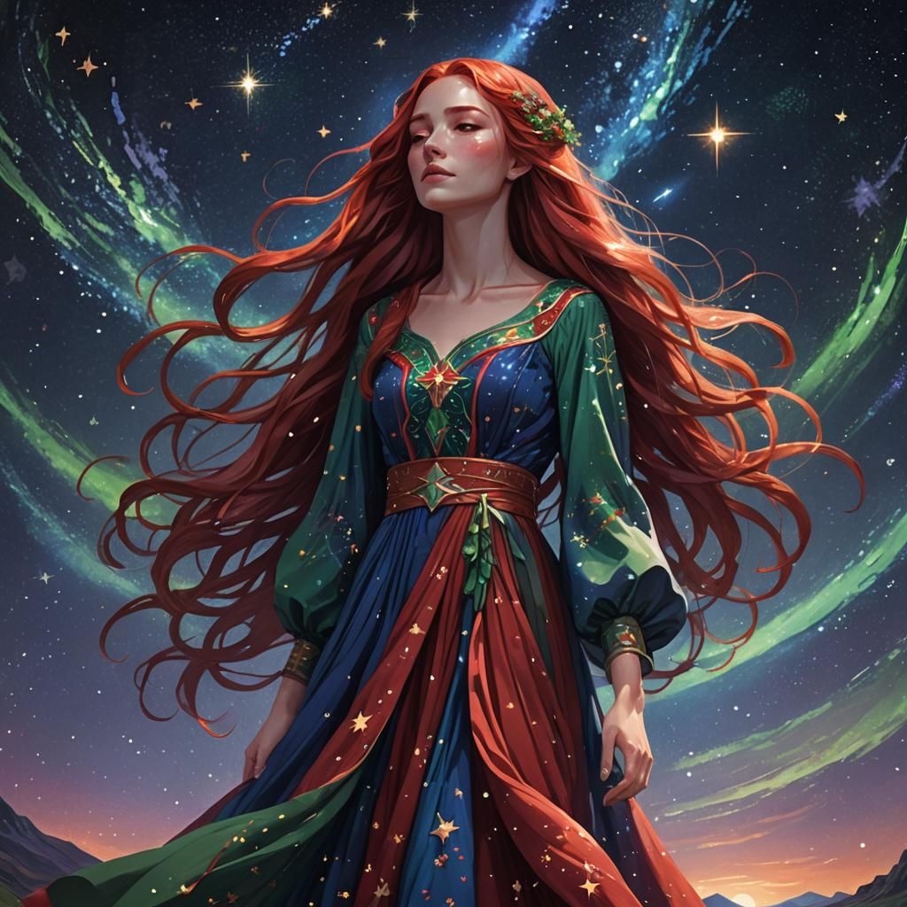 A girl standing in a long blue and red and green dress and a...