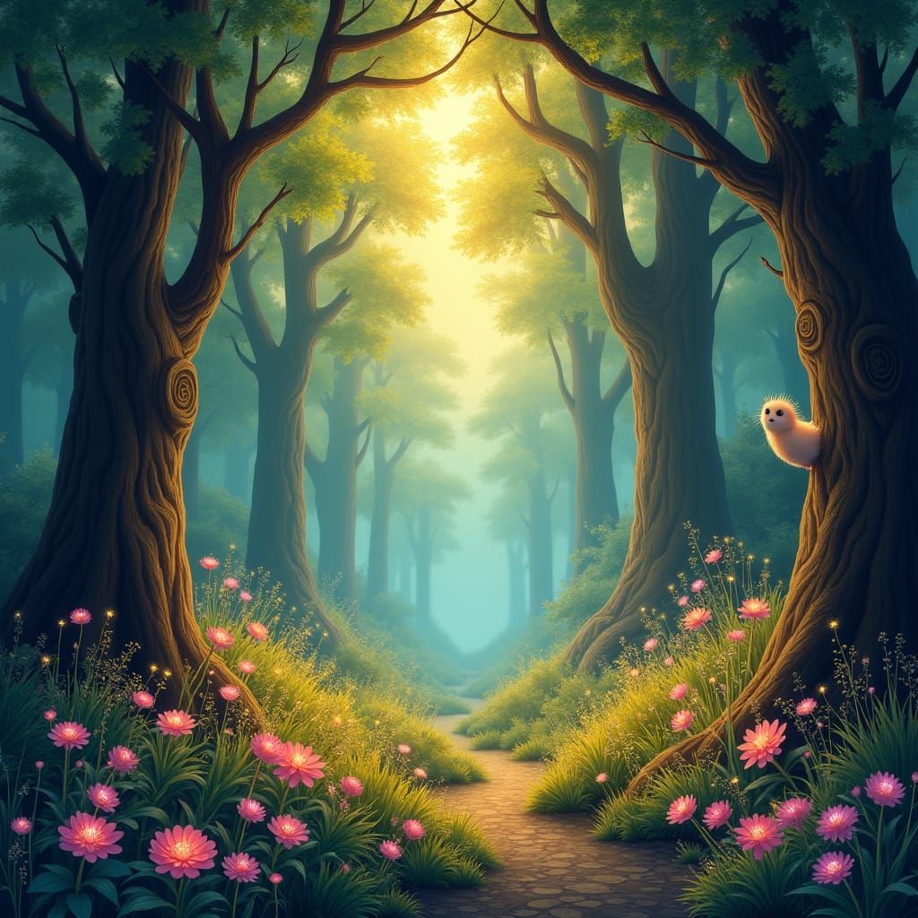 Enchanted Forest with Golden Light and Mystical Creatures