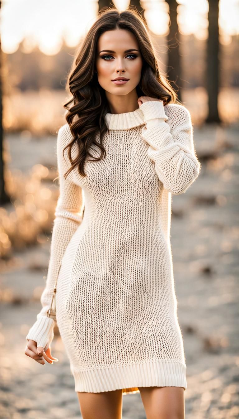 Woman in Cream Knit Sweaterdress Front View