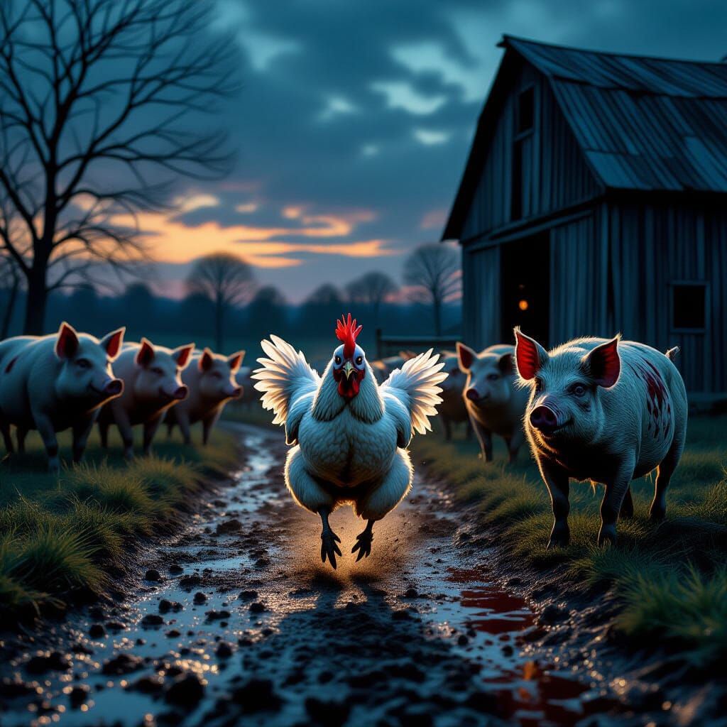 Eerie Farm at Twilight: A Macabre Scene